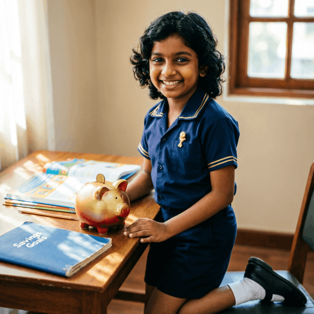 Indian school child in uniform smiling with books and piggy bank savings jar on desk representing best children education financial planning insurance advisor in Rajsamand